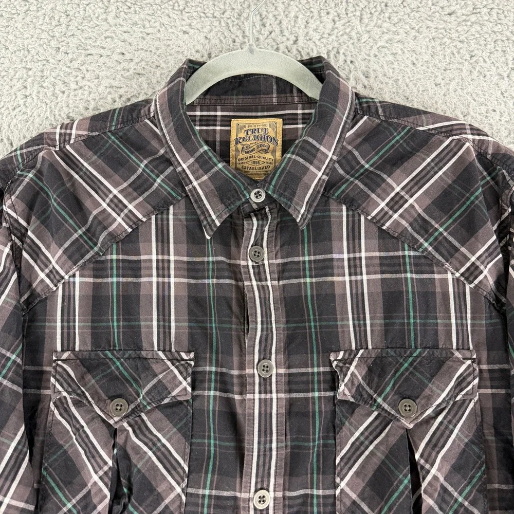 True Religion Button Down Shirt Mens XXXL Black Plaid Western Long Sleeve Cotton